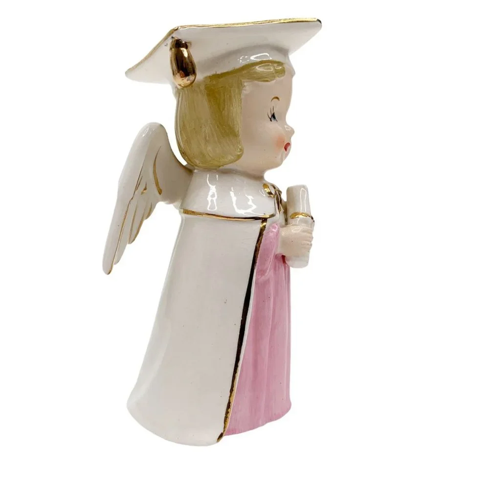 Vtg Graduation Angel Figurine Girl Cap Gown Diploma Graduate Pink White Japan